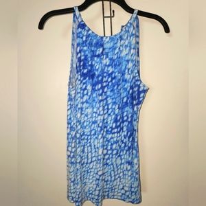Jones New York blouse Blue and White sleeveless High neckline Silky -Small